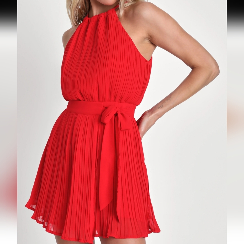 Lulu's Red Pleated Faux Wrap Tie-Side Skort Romper